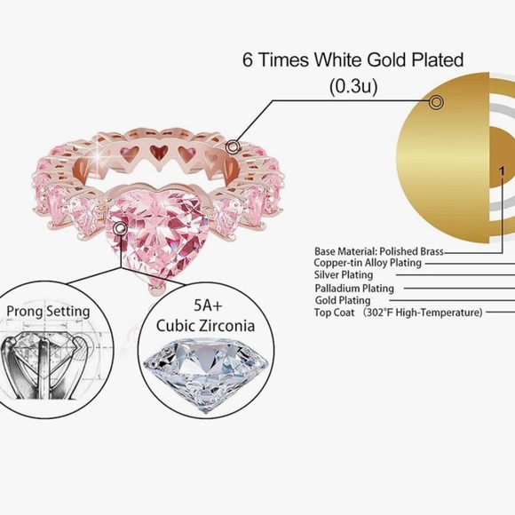 Pink Heart CZ Baguette setting ring 14k gold plated size9 - Picture 2 of 4